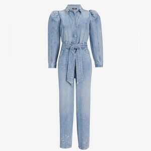 Express Puff Sleeve Tie Waist Medium Wash Denim Jumpsuit